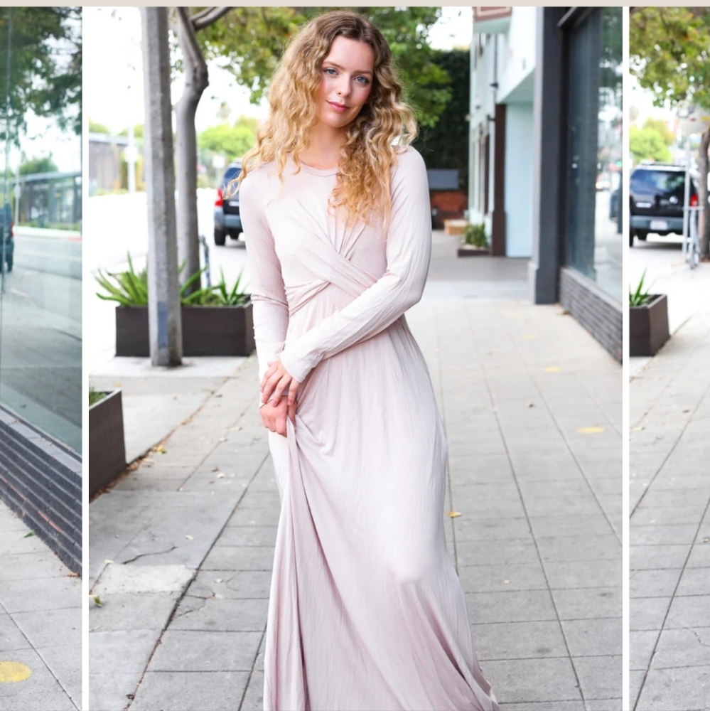 Elegant Long Sleeve Maxi Dress - Taupe